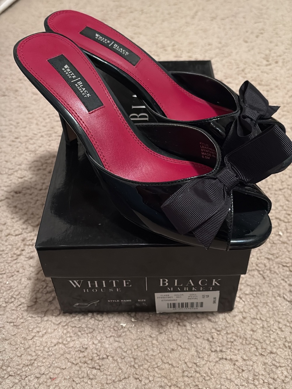 White House Black Market Black Patent Bow-Accent Open-Toe Mule